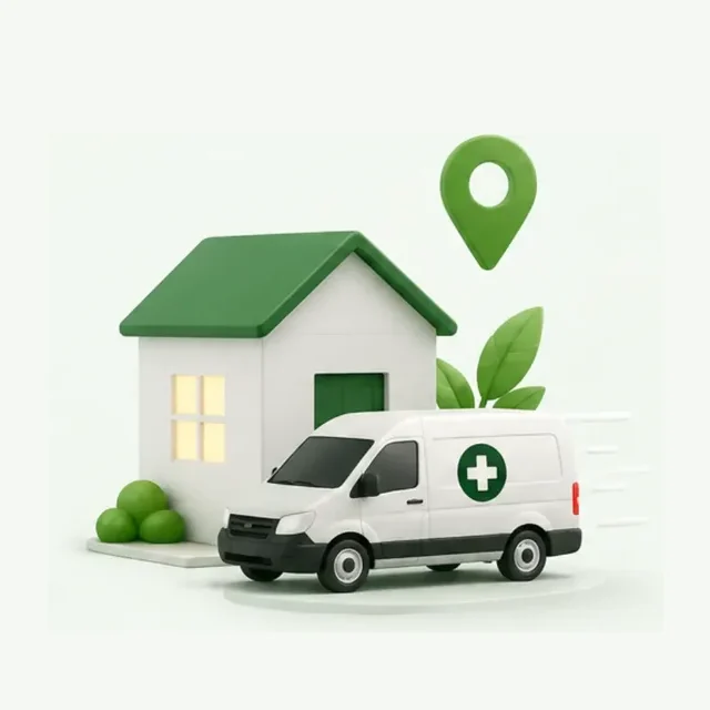 A Pill4Me delivery van pulling up outside a house, with a map pin marking the drop — free same-day delivery in Chilliwack.