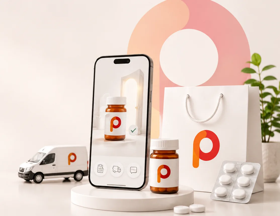 The Pill4Me pharmacy app open on a phone in Chilliwack, BC, beside a labelled prescription bottle, a Pill4Me pickup bag, a blister pack of tablets and a free same-day delivery van.